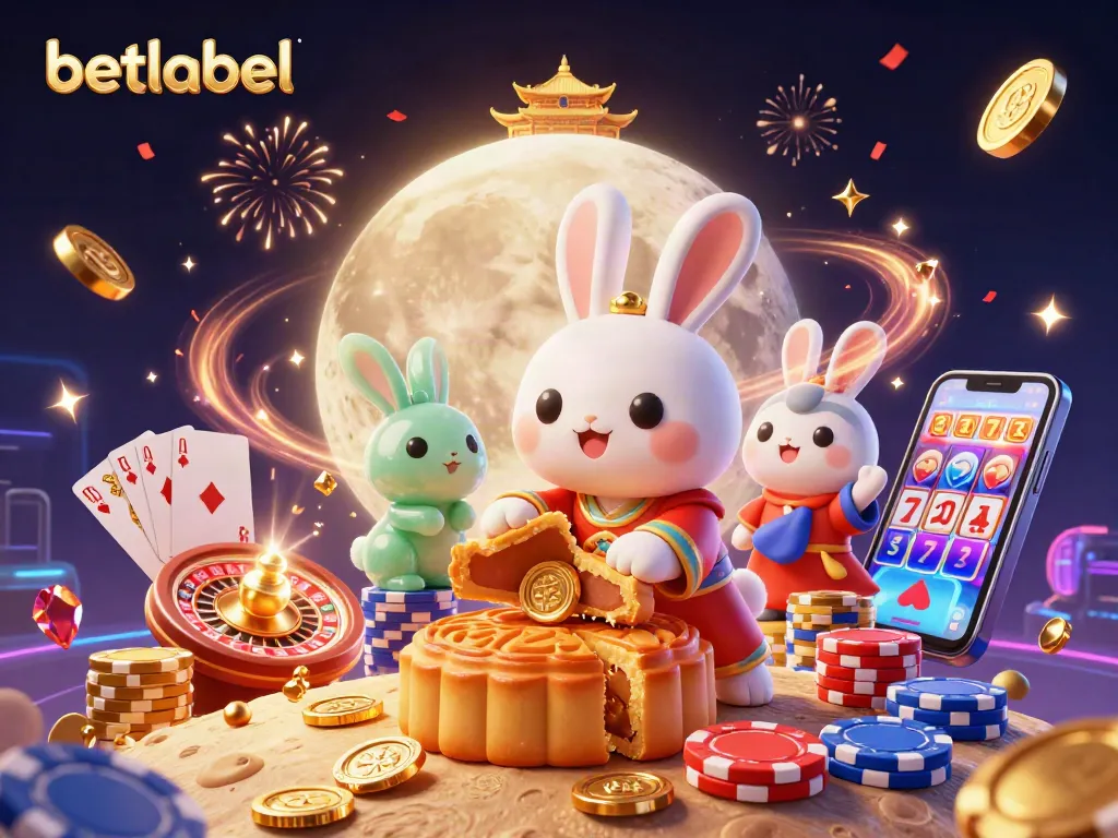 Betlabel showcases a vibrant moon-themed casino scene with a rabbit revealing poker chips.