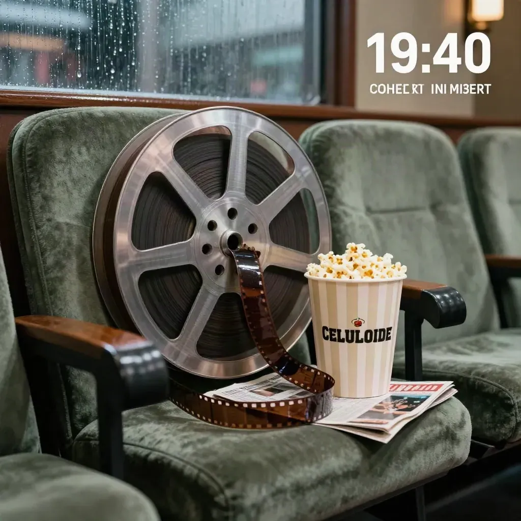 Carrete de 35 mm sobre butaca de terciopelo, palomitas, revista y vidrio mojado con lluvia.