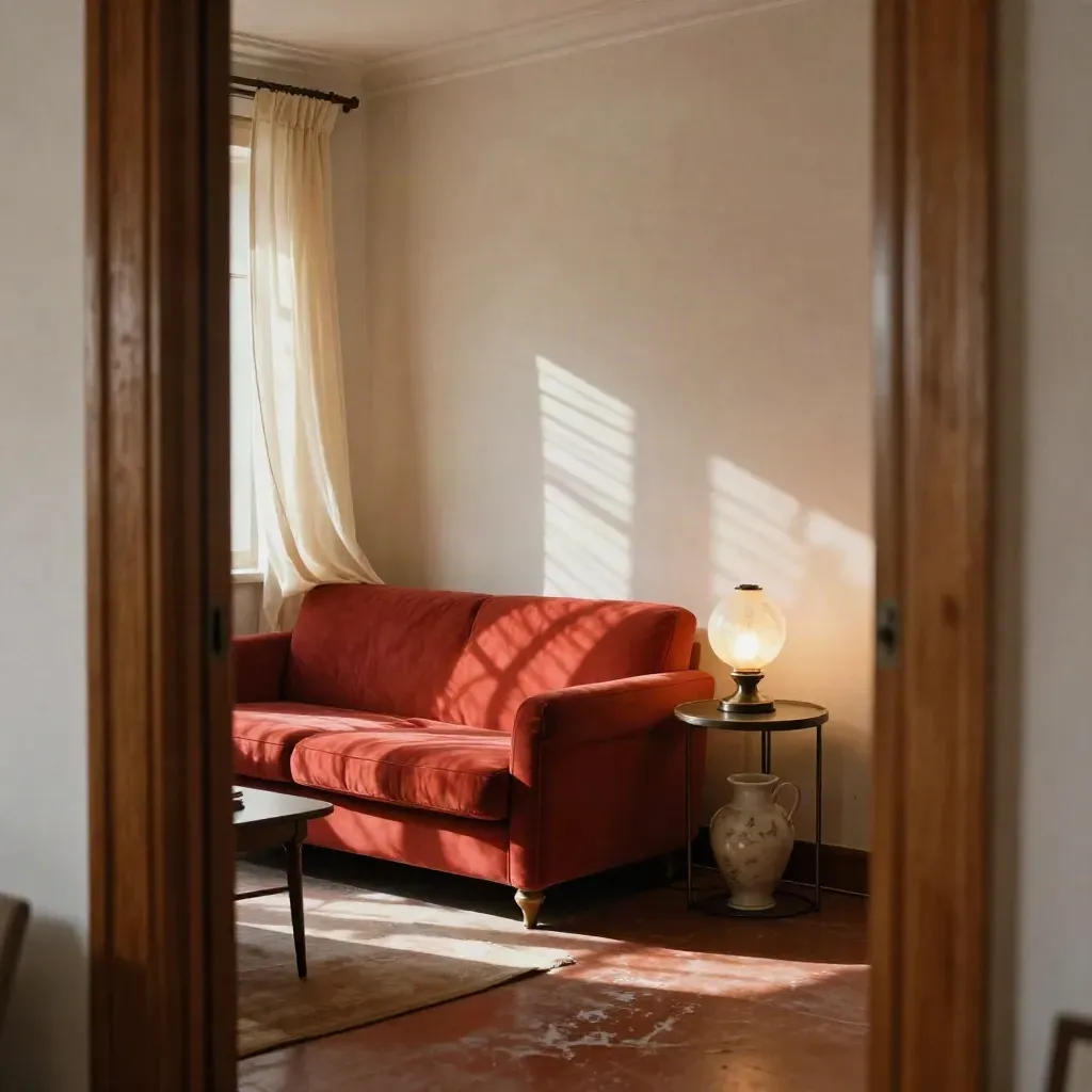 Salón íntimo con sofá rojo, cortina clara, lámpara opalina y sombras de persiana.