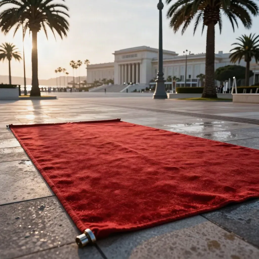 Alfombra roja vacía en Cannes al amanecer, con vallas, palmeras y el Palais al fondo.