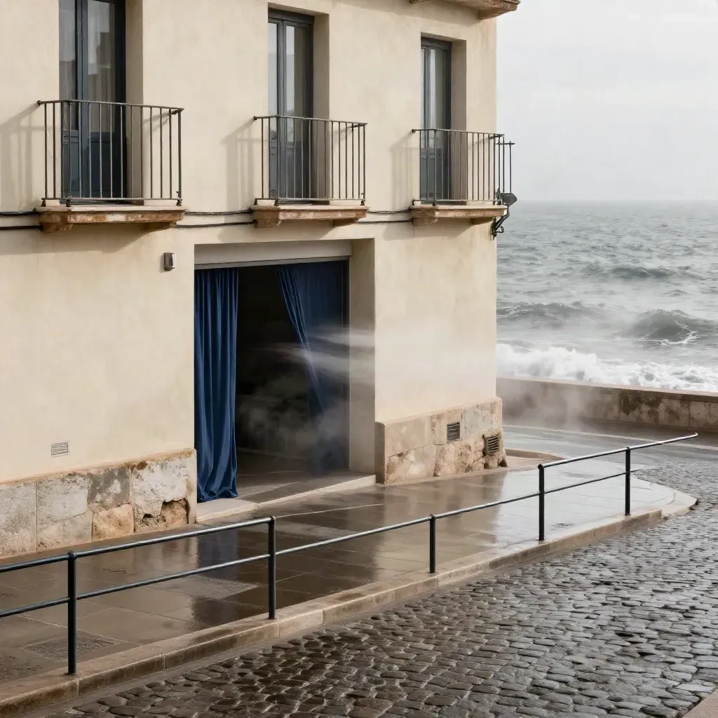 Calle de acceso a Sitges con fachada modernista, niebla salina y mar gris al fondo.