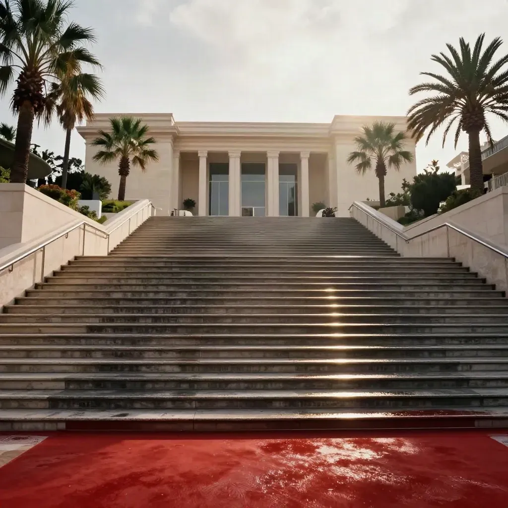 Escalinata vacía del Palais en Cannes con alfombra mojada, vallas y palmeras al amanecer.