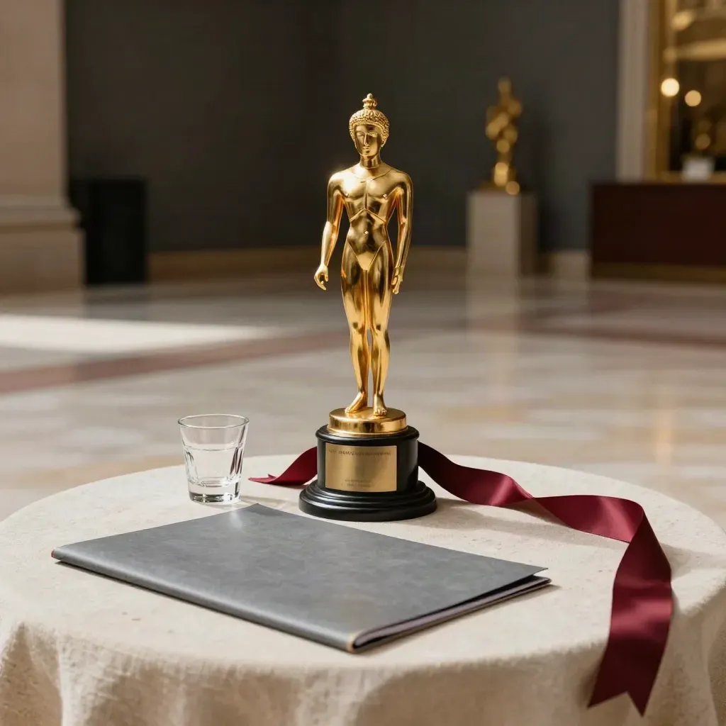 Estatuilla dorada sobre pedestal de lino, carpeta cerrada, cinta roja y copa de vidrio en un foyer.