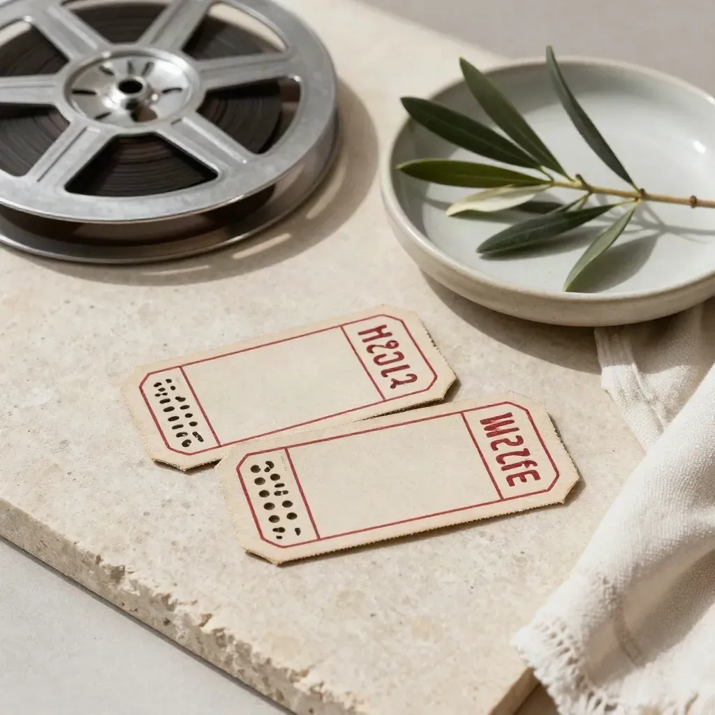 Vista cenital de entradas de cine, carrete, plato cerámico y rama de olivo sobre lino claro.