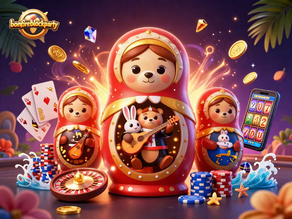 Experience the excitement of bonfireblockparty with vibrant casino-themed 3D illustration.