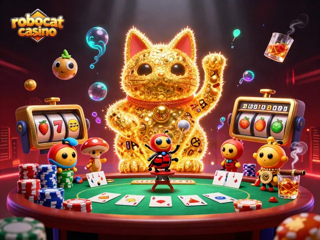 Engage in the magical world of robocat casino with golden fireflies and vibrant game elements.