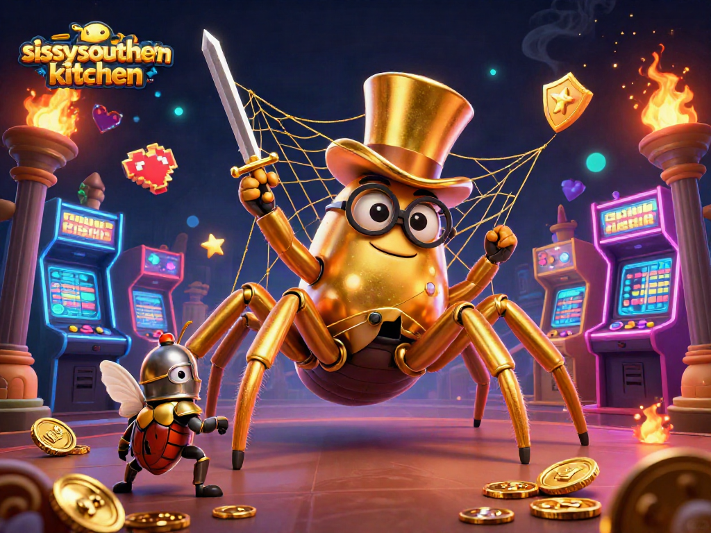 Sissyssouthernkitchen showcases a vibrant casino scene with a tarantula, knight, and game machines.