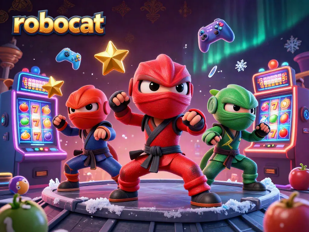 robocat chameleons perform martial arts among glowing slot machines in a dramatic casino scene